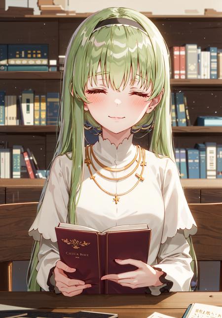 1girl, Cecilia, :3, ^_^, bangs, blurry, blurry_background, blurry_foreground, blush, book, book_stack, bookshelf, brick_floor, brick_wall, chair, closed_eyes, closed_mouth, depth_of_field, eyebrows_visible_through_hair, facing_viewer, hairband, holding_book, indoors, jewelry, long_hair, necklace, shirt, sidelocks, smile, solo, stone_wall, table, tile_floor, tiles, upper_body, white_shirt <lora:chara_Cecilia:0.7>