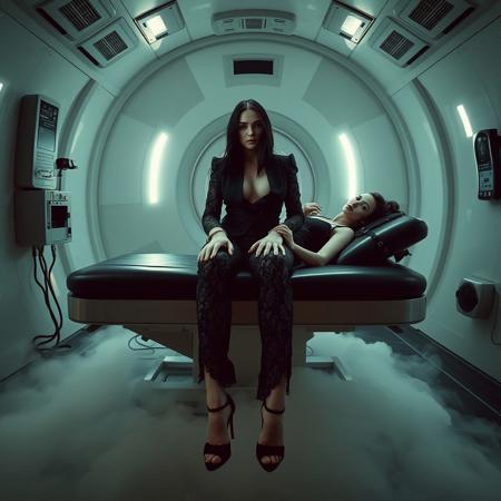 Ethereal, slender, ultra thin waist, tall, raven-haired Norwegian socialite wearing stunning black lace trouser suite and high heels, laying at reclined black examination bed inside weird alien MRT-like brainwashing machine, hand cuffed to the bed, ankles cuffed to the bed. Restrained. Looking to the camera. Eeire fog from the floor. Horror. Alien space harem mind control chamber. Sci-fi. Horror. Total recall