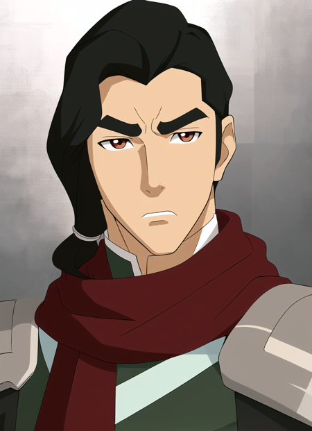 the legend of korra, masterpiece, best quality, 1boy, male focus, solo, black hair, brown eyes, looking at viewer, scarf, frown, thick eyebrows, portrait, upper body <lora:the_legend_of_korra_offset:1>