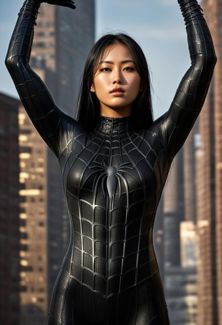 score_9, score_8_up, score_7_up, best quality, realistic, masterpiece, beautiful detail, hyperrealistic, afternoon sky, ((1girl, woman body, big breasts)), amazing detailed full body portrait of a beautiful japanese girl, wearing a realistic and highly detailed black raimi spider-man suit, ((huge muscular girl)), professional model wears ultra - detailed black raimi spider - man suit, ultra - detailed and grained black raimi spiderman suit, suit covered entire body and hand, black spiderman gloves, wet, (standing, arms up, serious face), (full body), (dirty skin), close up, octane render, highly detailed, volumetric, dramatic lighting, (highest quality:1.1), (HDR:1.3), (top quality, best quality), realistic, high definition,