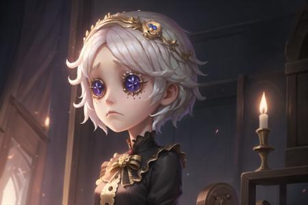 masterpiece, best quality, identity v, button eyes, detailed, 8K, 1girl, sad, upper body, day, white hair,