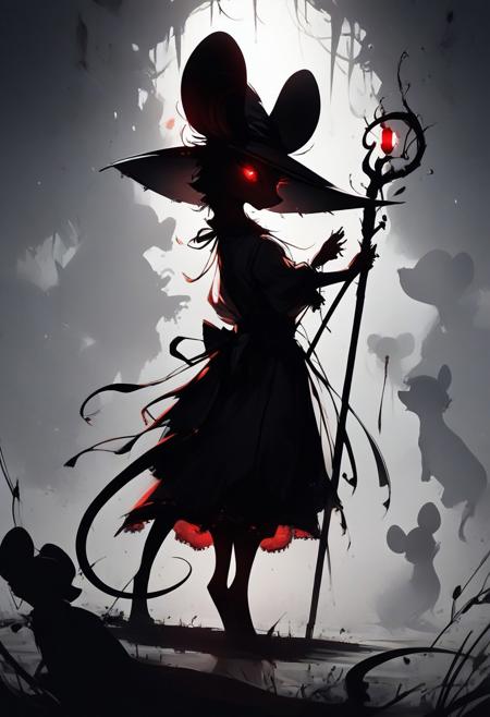 score_9,score_8_up,score_7_up,score_6_up,score_5_up,score_4_up, (((red))), backlight colors, (silhouette:2), backlighting, glowing red eyes, high contrast, vivid lighting, (((mouse))), (solo), (solo:2), furry, (feral:1.5), swamp, dress, witch hat, (holding magic staff:1.2), monochromemuse, monochrome, greyscale, rinotuna, dark aura