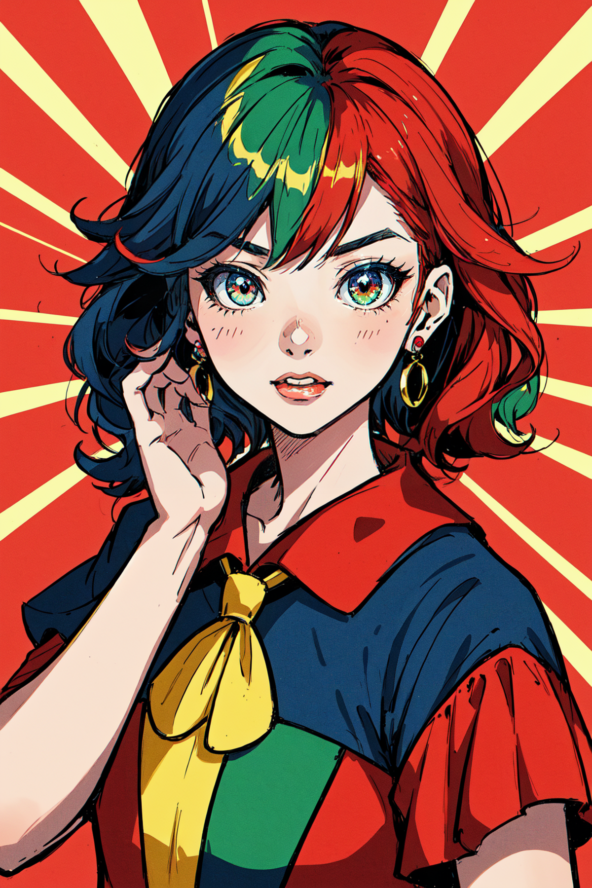 drawing by thewow aa010, in the style of kawaii pop art, light crimson and emerald, mashup of styles, shiny eyes, romantic...