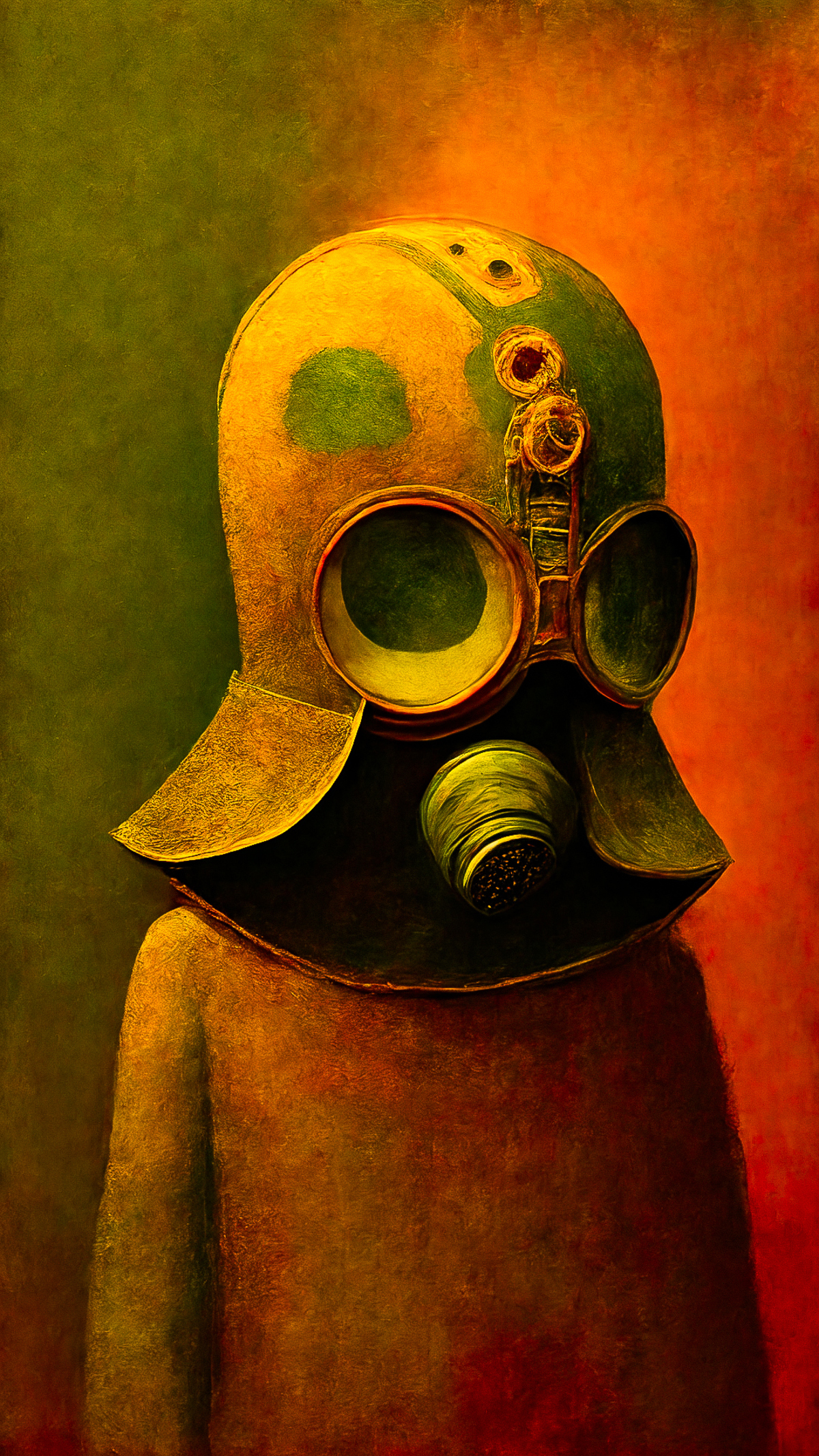 A painting of a person wearing a gas mask and goggles.