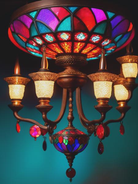 <lyco:LouisComfortTiffany:1.0> the colorful and ornate style chandelier, with stained glass in the style of Louis Comfort Tiffany, in the style of realistic chiaroscuro lighting, stained glass effects, dark cyan and maroon, softly luminous, ruslan lobanov