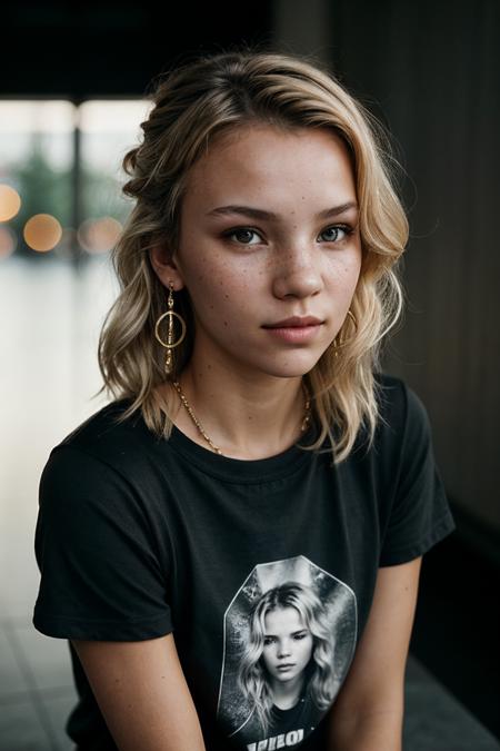 photo of (ryamp0lsky-135:0.99), closeup portrait, perfect blonde hair, hair upsweep updo, portrait, (modern photo, Dark Gray graphic tee), 24mm, (analog, cinematic, film grain:1.3), (plain Brass background, gradient:1.1), ((detailed eyes)), (seductive pose), (epicPhoto), earrings