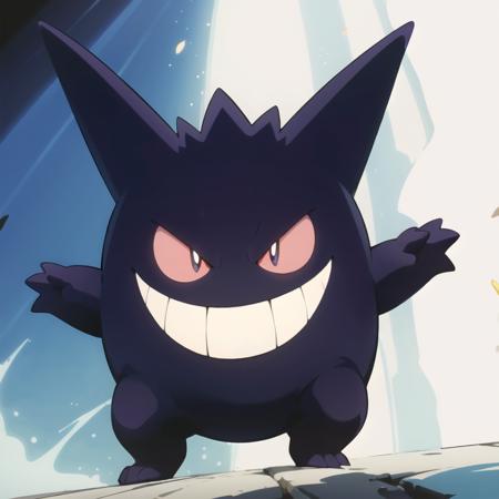 ((masterpiece,best quality)), absurdres,
<lora:Gengar_Pokemon_v2_Anime:0.7>, Gengar_Pokemon,  no humans, pokemon \(creature\),
solo, smiling, looking at viewer, 
purple theme, cinematic composition,