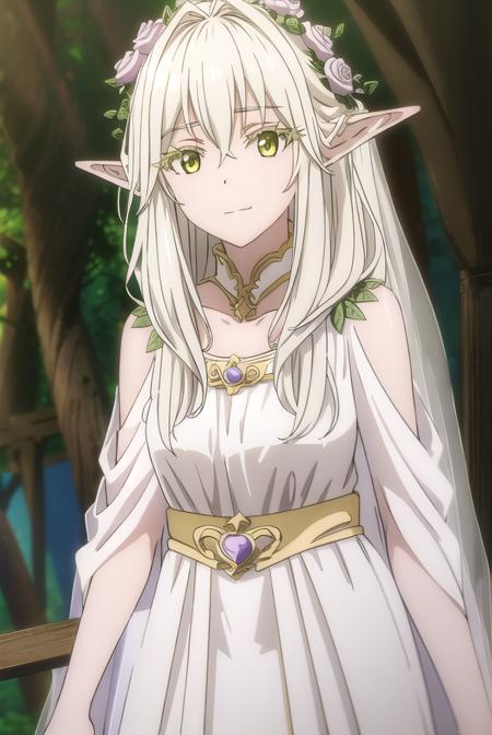 forestprincess, <lora:forest princess s2-lora-nochekaiser:1>,
forest princess, long hair, hair ornament, hair between eyes, (yellow eyes:1.3), white hair, flowers, pointy ears, hair flower, rose, hair intakes, elf, smile,
BREAK dress, collarbone, white dress,
BREAK outdoors, trees, forest, sky, grass, clouds,
BREAK looking at viewer, (cowboy shot:1.5),
BREAK <lyco:GoodHands-beta2:1>, (masterpiece:1.2), best quality, high resolution, unity 8k wallpaper, (illustration:0.8), (beautiful detailed eyes:1.6), extremely detailed face, perfect lighting, extremely detailed CG, (perfect hands, perfect anatomy),