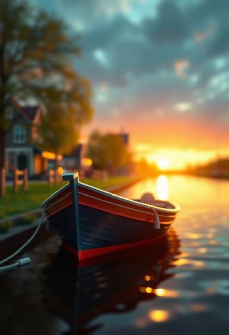 A hyperrealistic digital painting in the style of Pascal Campion, depicting a boat sharply focused against a softly blurred bokeh background, at summer's end. Bright vibrant colors and contrasting chiaroscuro lighting create strong contrasts and deep shadows, resulting in a lively and energetic image. The scene evokes Dutch landscape and dramatic skies.