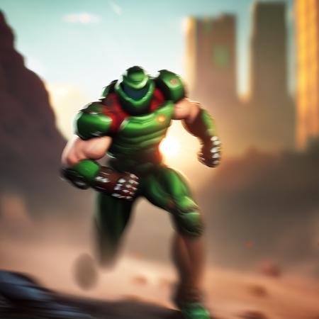 best quality, highres, absurdres, blurry, close view, accurate, solo, running, (incoming punch), valley, sunlight, 1boy, green armor, clenched fists, boots, helmet, muscular, slayer,  <lora:doomslayer:1>