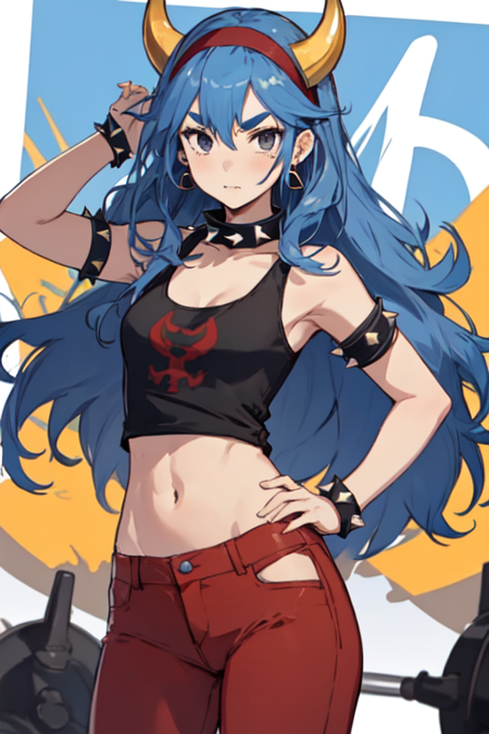 LucinaBowser, 1girl, solo, long hair, black tank top, bare shoulders, blue hair, horns, red pants, thick eyebrows, spiked collar, super crown, spiked shell, hairband, earrings, midriff, black eyes, armlet, spiked collar