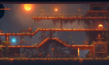 pixelart  video game environment, Create an image of an abandoned space station, with broken systems, flickering lights, and a sense of danger. Show the wreckage, the abandoned rooms, and the unknown threats that linger.