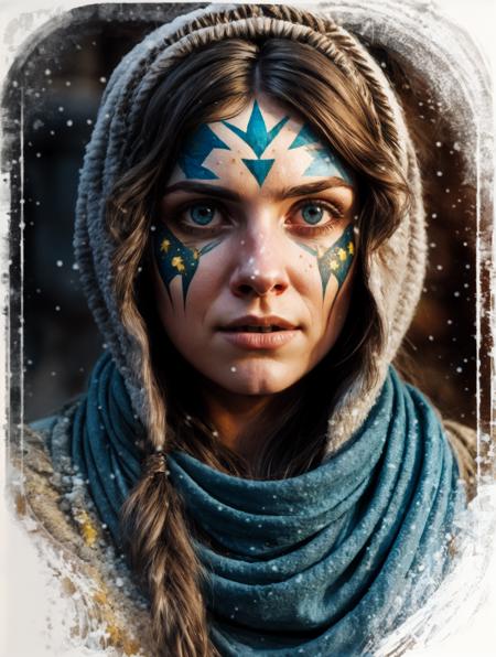 (art by John William Waterhouse:0.8) , masterwork Unity Engine, Color splash, Dusty Feigned Artisanal Girl, Directing a movie, Facing forward, Unusual Mutton Chops, Libyan Bee Face Paint, Snowing, Sketch, Fearful, Rusticcore, F/8, icon style