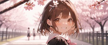 blurry foreground, depth of field, cinematic composition, close up, masterpiece, best quality, 1girl, solo, brown hair, smile, brown eyes, white neckerchief, school uniform, pink flower, looking at viewer, serafuku, black shirt, cherry blossoms, hair bow, branch, outdoors