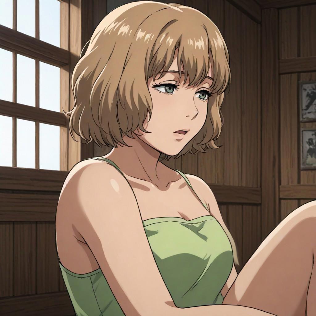 Background scenery, gym, wood walls, germanic style interior, window, daylight beam inside, beautiful angle, masterpiece, perfect quality, source_cartoon, source_anime, hitch dreyse, green eyes, short curly hair, green strapless tube top, bare upper body, sleeveless, black gym booty shorts, uninterested face, tired look, sleepy face, closed eyes, sitting down, relaxing, yawning,