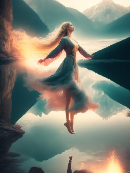 <lora:ElizabethGadd:1>a beautiful young northern godess is levitating over a lake in the high mountains, blonde hair, braids, magical glowing, dramatic light, sharp-focus, insanely photorealistic, 8k, intricately-detailed, wide angle shot, hyperrealistic,