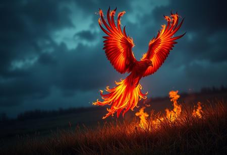 a hellish phoenix flying over a meadow at night, its wings are covered with fire, the fire from its wings flows onto the meadow and sets it on fire, fantasy, real image