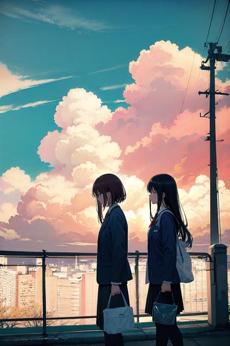 noctiluca, sky, outdoors, cloud, power lines, black hair, building, scenery, blue sky, school uniform, 1girl, bag, fence, multiple girls, 2girls, day, 1boy, utility pole, long hair, short hair, skirt, jacket, profile, house<lora:noctiluca:1>