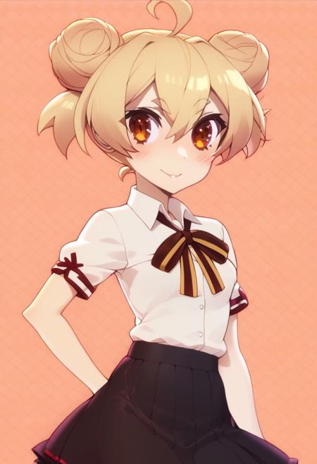 zzgakumazawatatsuko, bangs, blonde hair, hair between eyes, brown eyes, ahoge, hair bun, double bun, thick eyebrows,  zzgakumazawatatsuko, bangs, blonde hair, hair between eyes, brown eyes, ahoge, hair bun, double bun, thick eyebrows, school uniform, neck ribbon, white shirt, collared shirt, short sleeves, black skirt,