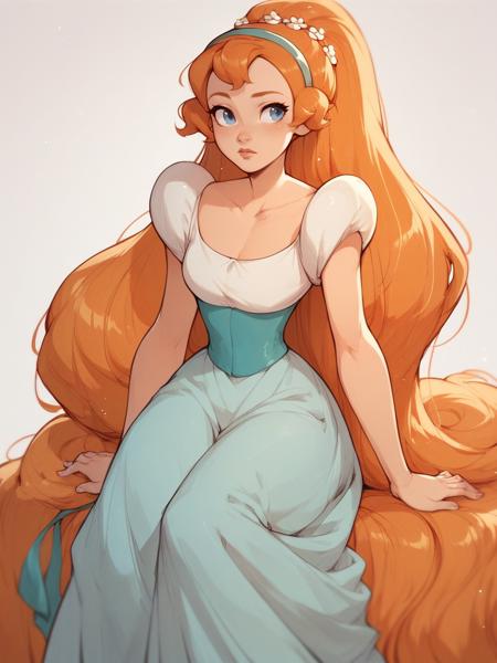 thumbelina, 1girl, solo, dress, hairband, blue eyes, very long hair, orange hair thumbelina, 1girl, solo, red dress, hairband, blue eyes, very long hair, orange hair thumbelina, 1girl, solo, blue eyes, orange hair, white weddress, puffy sleeves, braid, dress, twintails, veil,