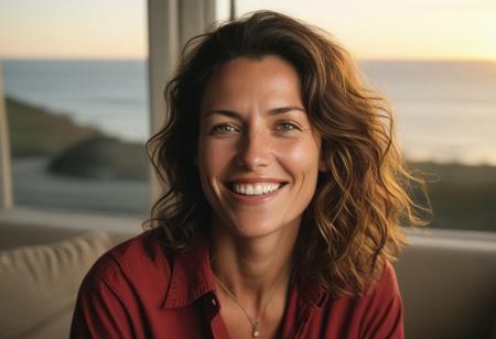 A meticulously detailed, hyper-realistic studio portrait of Olivia, a 35-year-old woman with sun-kissed skin and bright green eyes. She has a slim, oval, delicately contoured face with high cheekbones, a narrow jawline, and a subtle V-shaped chin. Her wavy, short-length light brown hair is casually tousled, framing her naturally beautiful face. Her skin has realistic texture: visible pores, soft natural wrinkles, gentle laugh lines, and minor imperfections that enhance authenticity. She wears a red button up shirt an a warm, genuine smile with slightly imperfect teeth. She seats in a warm living room, facing the sunset, and ocean,through a Bow  window, captured with an 85mm lens at f/4, with natural color grading and an unedited RAW film look — inspired by Kodak Portra 400. No makeup retouching, no plastic effect, no artificial smoothing.