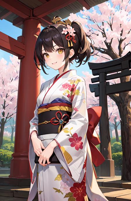 masterpiece, best quality, ultra-detailed, illustration, 1girl, ((looking at viewer)), (cowboy shot), smile, yellow eyes,short hair,brown hair,blunt bangs,(Highest Quality, Amazing Details:1.25),
Small Breasts,japanese clothes,Kimono, Kimono Obi,  Cherry Blossom Tree, Flower Branch, With Falling Petals, East Asia Architecture, Standing Looking Up In Little Shrine, Torii Gates