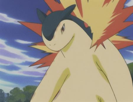 typhlosion, anime, back on fire, sad, looking at viewer, standing, side view, from below, outdoors, cloudy sky, cloud