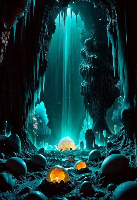 alone in the dark, score_9, score_8_up, score_7_up, raw,32K, UHDR, (ultra-quality:1.6),cosmic habitat ,an extraterrestrial cosmic landscape. odd looking rock terrain. the planet is full of cliffs, landslides, ancient breaks, cataclysmic hostility, multilevel layered, titanic ribs, nodes-of-eggs, colliding with stalagmites. a grotto system. dim peach, biofluorescent, dark-teal-twilight. the feeling of spacy dynamic life.  . rhythmic movement. The xenomorph worm , intricate details, oddity of pulsing lifeform, saragoss seaweeds,
, intricate details,