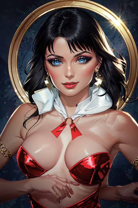 <lora:Vampirella-10:1> Vampirella, (masterpiece, best quality, ultra-detailed, highres, best illustration),perfect face, sidelighting, lustrous skin,(bloom), (shine), ray tracing, 1girl, solo, long hair, black hair, makeup, lipstick, blue eyes, earrings, jewelry, breasts, bare shoulders, large breasts, voluptuous, bare legs, dark-skinned female, lips, sexy, ,depth_of_field,very detailed background,extreme light and shadow,(detailed eyes), (beautiful) beautiful detailed eyes, (seductive smirk), gothic scene background, perfect lighting , perfect anatomy,(extremely detailed illustrated 8k wallpaper),(masterpiece), (best quality), (ultra-detailed), (best illustration),(best shadow),perfect lighting , perfect anatomy , vivid colors, close up