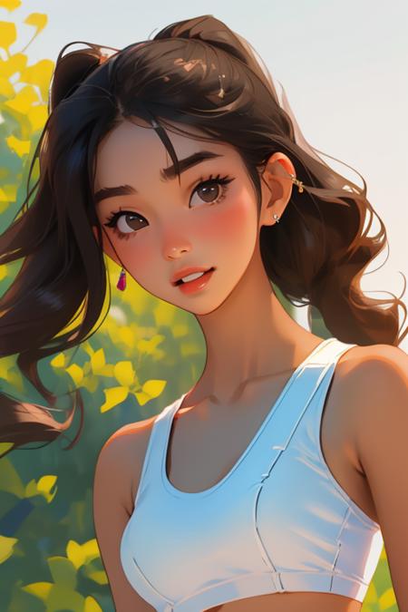 sports bra, sexy, beautiful, cute, diamond earrings with no dangles, girl, SHSID-1925, photorealistic, real, best quality, 8k, teenager, portrait,  asian <hypernet:SHSID:0.6>, teenage, beautiful, cute, bronze color skin, extremely beautiful, looking in front, black hair, smiling