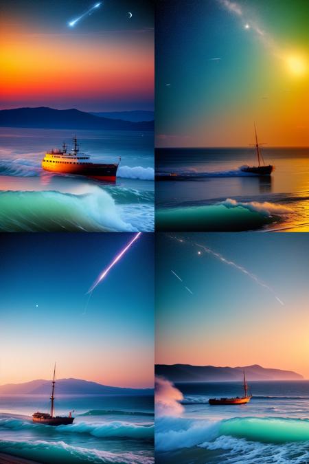 <lora:aivazay1-000020:1>,aivaz,ships, waves, outdoor, nature,boat, shooting star