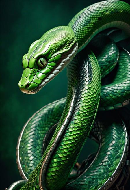 Hyperdetailed Photography, Cinematic, Full Body Photo, Skin Details, hi resolution, photorealistic, soft light, award winning photograph of a serpent, magical, whimsical, fantasy art concept, steampunk, intricate details, best quality, masterpiece, ultra shartp, green colour with silver highligts