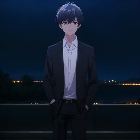 (high quality, best quality), 1boy, solo, kohei makino, suit, <lyco:makino-000016:0.75>, looking_at_viewer, smile, standing, hands_in_pocket,night,park,night_sky, hdr