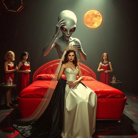 high-society elegant slender norvegian rich innocent young bride posind in front of whorish red glossy bed. She is ensnared by a towering, gray human-like alien, draped in a long, glossy black slime cloak, its eyes gleaming red with an otherworldly intensity.   its hands touching her head putting slime tentacles tiara  on her. Encased in light beam from the alien breeding chamber celling/ Surrounded by strict ladies wearing  glossy satin dominatrix attire and glossy high heels,  holding whips.   weird wet-look black slime  walls and floor, colossus observation blister to outer space full of stars, bright red moon, vintage-inspired makeup, long hairs, ultra thin waist, evil grin, porcelain skin, lipstick, red nails, in the style of a haunting, retro-futuristic 1950s sci-fi nightmare, horror, alien space base,,