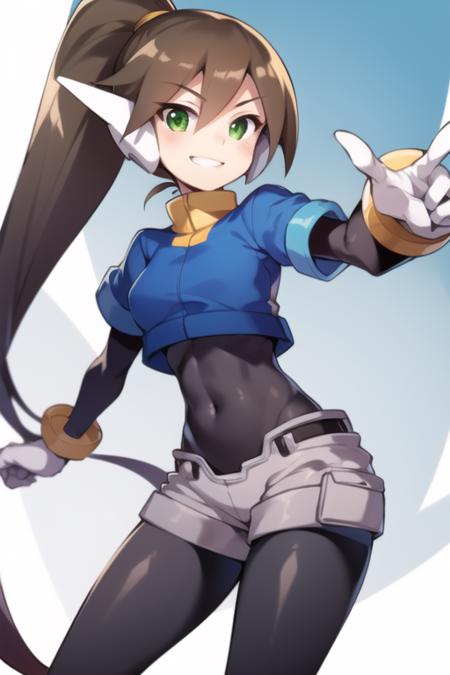 aile_megamanzx, 1girl, solo, long hair, ponytail, brown hair, short sleeves, bodysuit, robot ears, green eyes, shorts, short sleeves, short over long sleeves, smile, masterpiece, high quality, <lora:Aile_MegaMan_ZX-03:0.7>