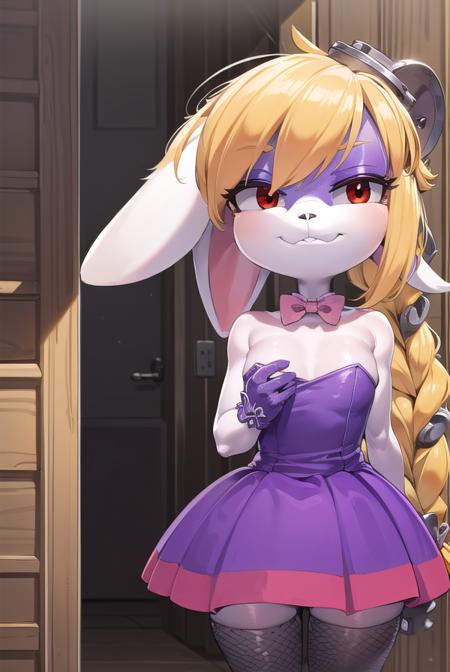 hariet, long hair, blonde hair, (red eyes:1.5), animal ears, braid, rabbit ears, eyelashes, makeup, rabbit girl, animal nose, buck teeth, pink eyeshadow, eyeshadow, furry female, furry, hair ornament, gloves, dress, bow, bare shoulders, bowtie, strapless, fishnets, purple dress, furry, purple footwear,