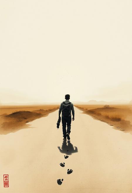 Timeless Wanderer , lone traveler walking an endless road, ink-washed footprints fading behind them, soft glowing horizon, vast empty landscapes merging with brushstrokes
ink-wash portrait, expressive bold ink strokes, melancholic solitary figure, vast misty landscape, desaturated soft tones, muted earth colors, atmospheric minimalism, textured aged paper, subtle stains and faded text, quiet river, distant mountains, open negative space, dreamlike and poetic mood