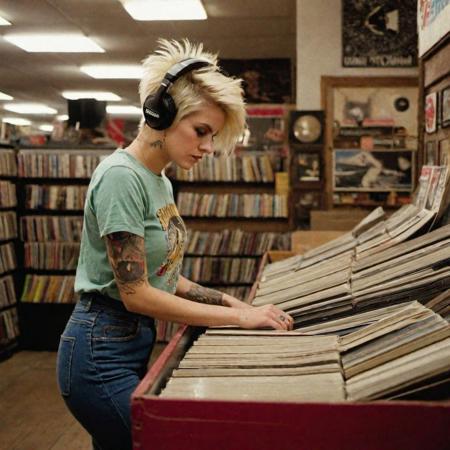 wide shot, 35mm, f/1.8, in a record store.
Chicago Record Store Owner,  Vintage shop, recommending vinyls, feisty punk rock girl, short spiky black hair with a blonde streak, perky boobs, petite , soft brown eyes, tight fitting graphic band tee, jeans shorts, great legs, vintage sneakers. Tattoos. Headphones on. Dancing. Messy hair. Film scene, where the shop owner is digging through crates with records, her eyes focused on the records, pulling out record covers, looking down, side view. smoking a cigarette.
low contrast, soft lighting, warm lighting, insanely detailed, cinematic film still, cover, high definition, highest resolution, UHD, vivid, JuggernautNegative, OverallDetail,
