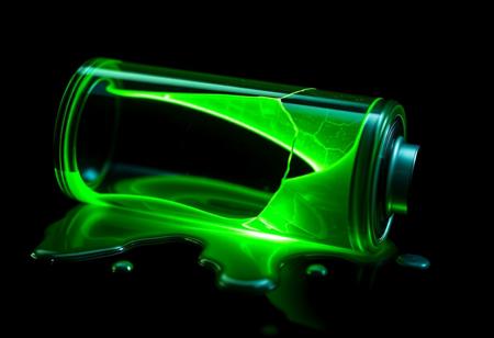 closeup shot of battery fully made of glass with green liquid energy inside it, the battery is cracked and green neon liquid leak on to black background.
hyper realistic, surreal style, ultra high quality, vivid, neon glow