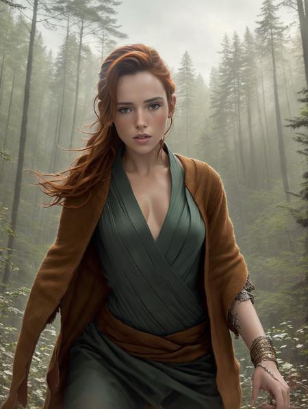 (8k, best quality, masterpiece),(best quality), (ultra highres), action pose, a beautiful woman <lora:BellaTV1:0.8>  , detailed iris, auburn hair, full body portrait, wearing rey robes, star wars, forest endor background, modelshoot style, intricate, elegant, skin details, realism, (hyperrealism), (cinematic), (hyperdetailed), hdr