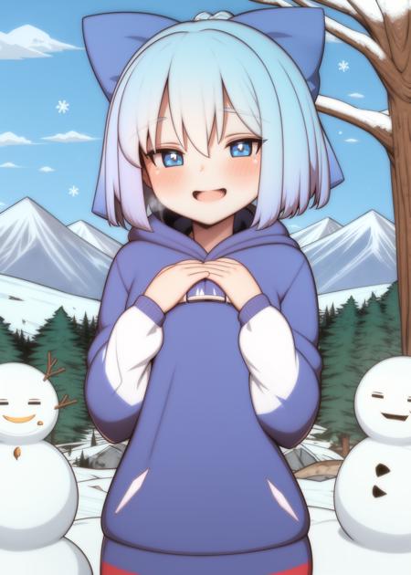 best quality, highly detailed, 1girl, (cirno:1.2), smile, hands on own chest, snow valley, field, frozen trees, mountains, snowman