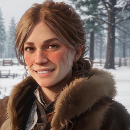 Sadie Adler, 4k, ((brown eyes)), smiling at the camera, wearing a brown fur coat, ((snowing)), front face<lora:Sadie Adler:1>