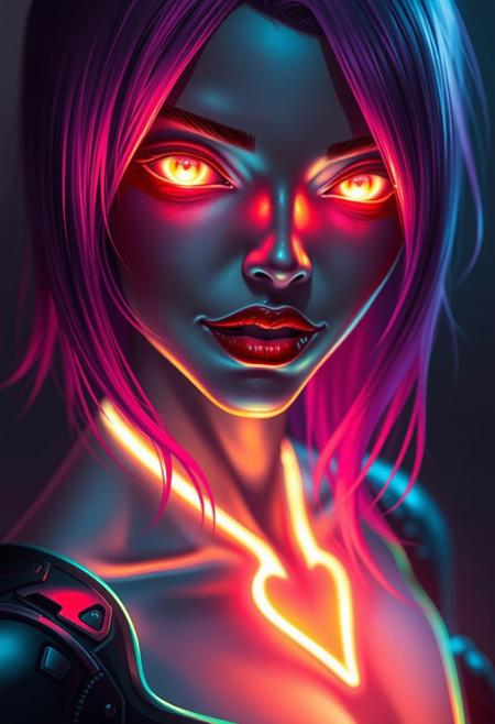 A gorgeous woman with a luminous digital aura lighting up the darkness, the ethereal figure of a digital painting evocative of a distorted human figure with vibrant neon eyes, (glowing eyes:1.1), heart shaped face, macabre appearance and a cunning smile. Vibrant hair. This stunning image is a digital painting, meticulously created with vibrant colors and striking details. Her sleek, futuristic design exudes a sense of otherworldly beauty, with glowing neon accents that seem to pulse with energy. Every pixel is carefully rendered, capturing the character's mysterious and alluring presence in exquisite detail. This mesmerizing image invites viewers to get lost in a dreamlike realm of imagination and technology. ((glowing neon lipstick)), masterpiece, highly detailed, harmonious colors, ((half body angle:1.5))