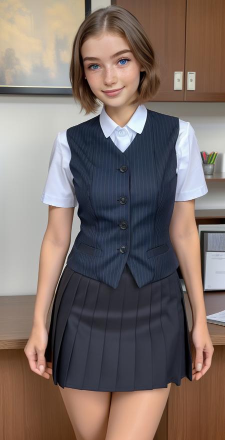 (8k, RAW photo, best quality, masterpiece:1.2), (realistic, photo-realistic:1.37), ultra-detailed,(detailed beautiful girl:1.4),1 girl,full body,slender,<lora:office uniform:0.6>office uniform,office vest,office,micro mini skirt,((stripe uniform)),short hair,<lora:Daisy Ridley:1>skswoman,smile,looking at viewer