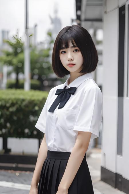 jk, 1girl, solo, short hair, looking at viewer, skirt, shirt, black hair, closed mouth, white shirt, short sleeves, pleated skirt, black skirt, upper body, black bow, 
 <lora:jk_v3:0.7>