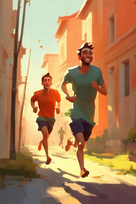 <lora:Atey Ghailan style:1>Atey Ghailan style - men runing happy in the morning atey ghailan style