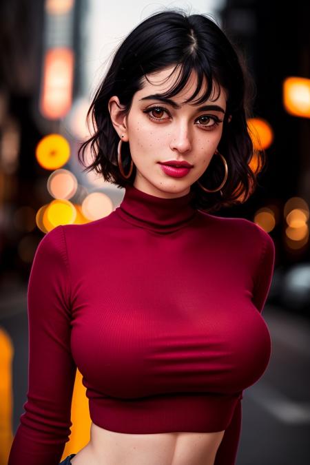 photo of (rocketbabey:0.99), ((cowboy shot, waist, hips, thighs)), (walking), lipstick, (tight turtleneck sweater dress),(short hair, black hair),(red dress), ((city street, nighttime)), (best quality) ((detailed eyes, detailed face, detailed skin):1.2), smile, purse, natural light, (masterpiece:1.2) (photorealistic:1.2) (best quality) (intricate details) (8k) (HDR) (cinematic lighting) (sharp focus), (looking at the camera:1.1), ((closeup portrait:1.2)), hoop earrings