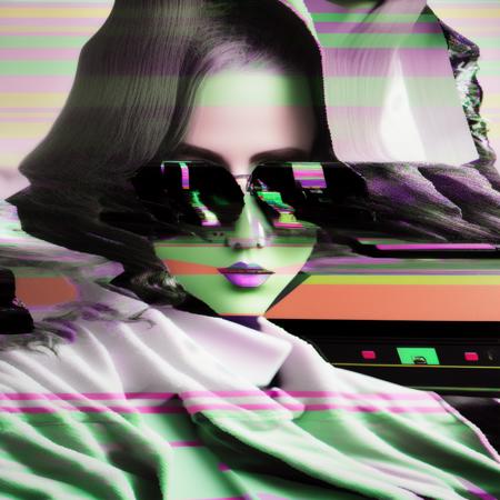 glitch art illustration, collage, VHS, retro, beautiful woman wearing 80s clothes, <lora:GltchWpad:1> by GltchWpad