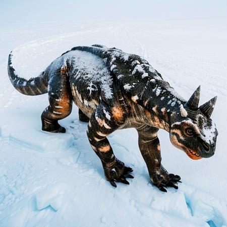 realistic, photography, high quality, snow, ice, cold, dying animal, dinosaur  <lora:FDDino:.75>