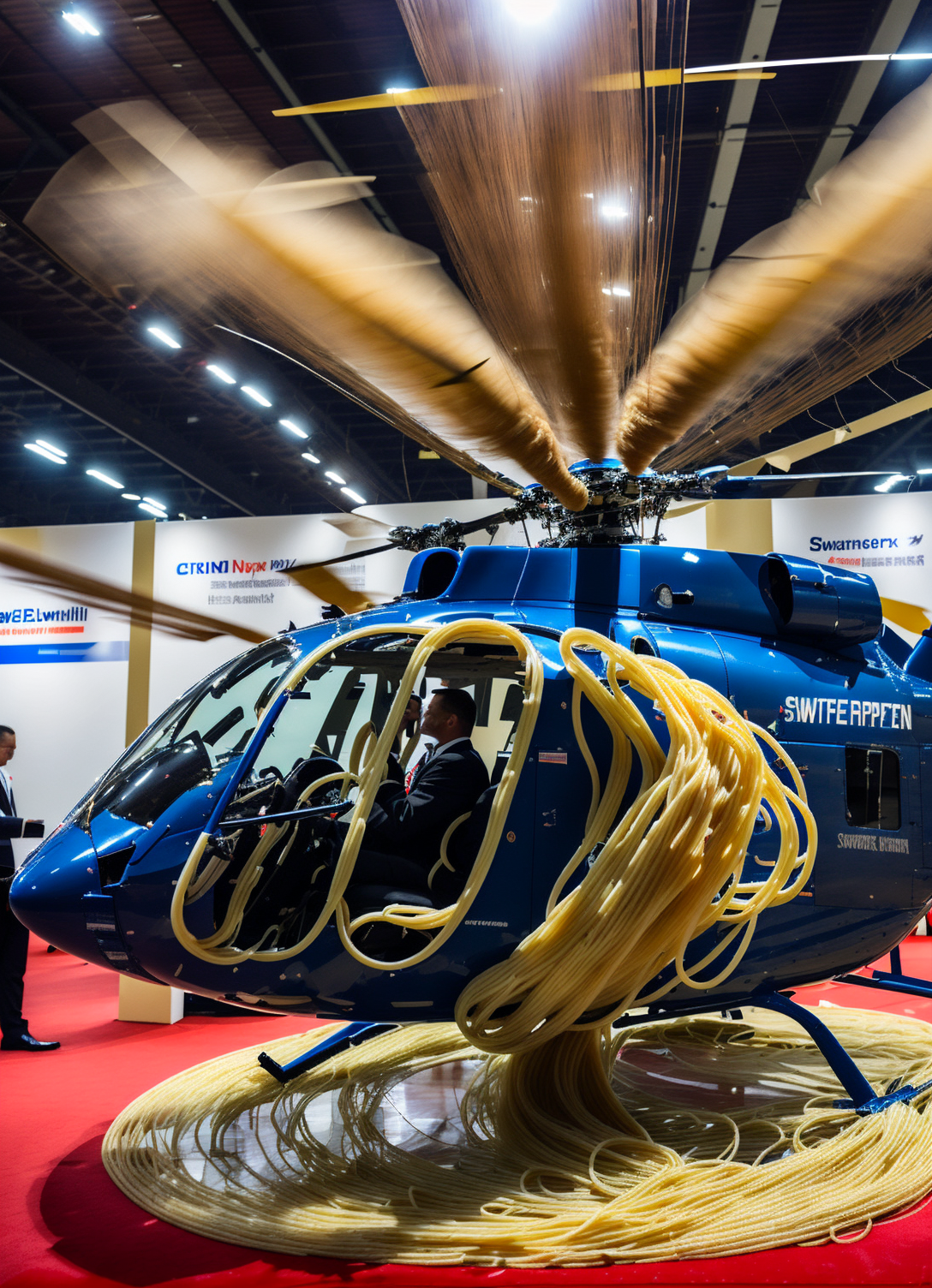 (photo:1.2) at a (busy defence expo event of a helicopter) that uses (swirling spaghetti:1.2) to thrust air. it doesn't fl...